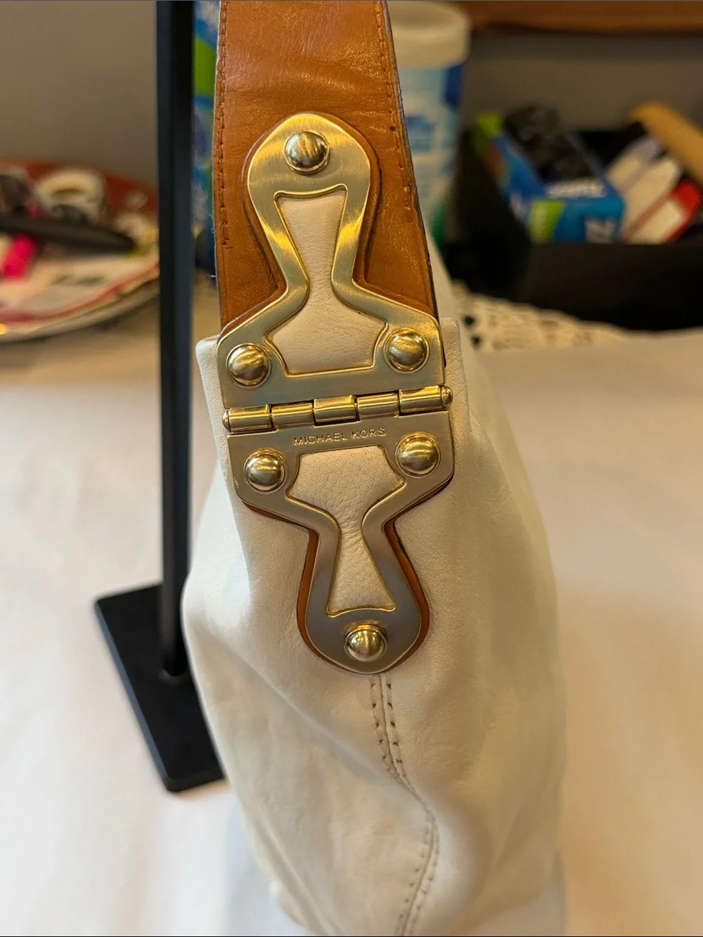 Michael Kors Cream Leather Hobo Bag with Brown Strap Vintage Gold hardware